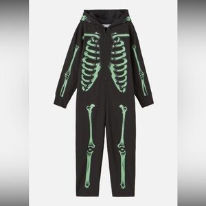Zara Halloween Green Skeleton on Steel Grey All in 1 Hood Jumpsuit Neon Skull